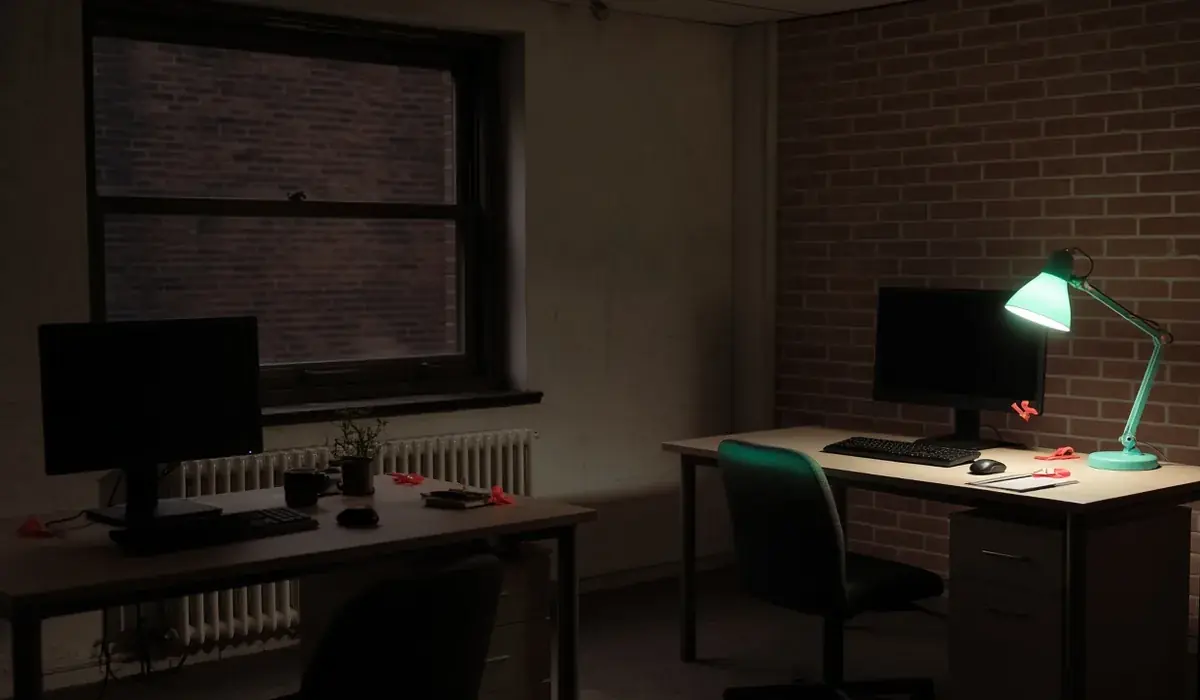 Studio still of dark neon panels in the GameDeck LTD office treatment